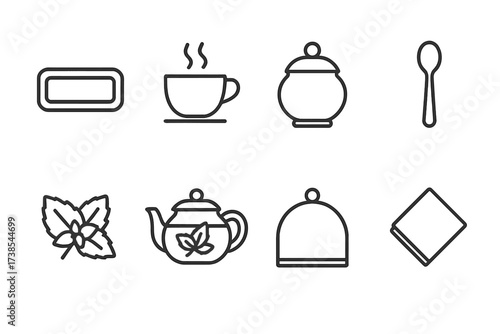 Culinary Icon Set. Outline icon set of mint tea serving: tea tray, teacup with steam, sugar pot, teaspoon, mint garnish, glass teapot, tea cozy, serving