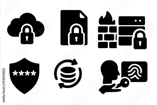Data Security Icons. Solid, filled icon set of data safe: cloud lock, encrypted file, firewall, secure server, password shield, data backup, access control,