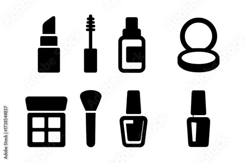 Cosmetics Icon Set. Solid, filled icon set of cosmetics makeup products: lipstick, mascara, foundation bottle, blush compact, eyeshadow palette, makeup brush,