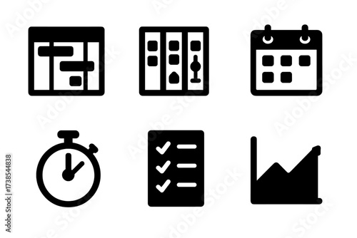 Project Management Icons. Solid, filled icon set of project tools: Gantt chart, Kanban board, flowchart, calendar, stopwatch, checklist, report, graph. [Line