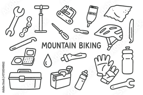 Bike Maintenance Tools. Hand-drawn doodle illustration Mountain biking maintenance tools wrench, tire pump, multi-tool, grease, chain, screwdriver, bike stand,