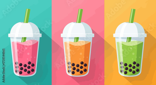 Colorful Refreshing Boba Tea Drinks in Plastic Cups with Straws and Tapioca Pearls Served on a Vibrant Background