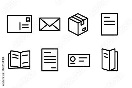 Mail Icon Set. Outline icon set of mailing document types: postcard, letter envelope, parcel box, flyer, catalog, invoice, business card, pamphlet. Line icons