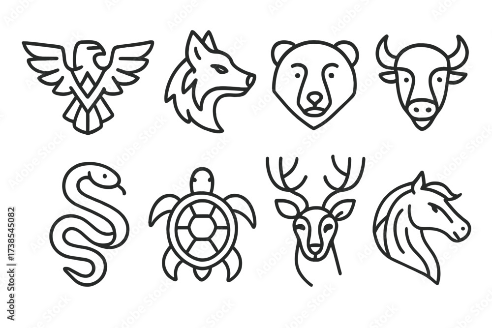 Fototapeta premium Tribal Animal Icons. Outline icon set of tribal animals: eagle, wolf, bear, buffalo, snake, turtle, deer, horse. Line icons in only black color, consistent