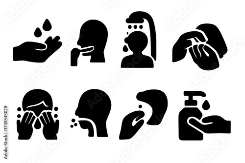 Daily Hygiene Icons. Solid, filled icon set of daily hygiene habits: handwashing, teeth brushing, showering, hair washing, nail cleaning, face washing,