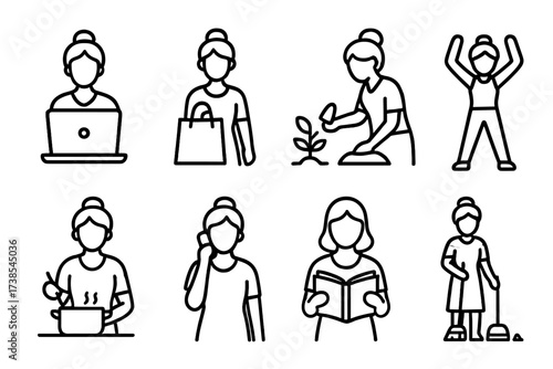 Stepmom's Daily Icons. Outline icon set of stepmother?s daily activities: working on laptop, shopping, gardening, exercising, cooking, talking on phone,