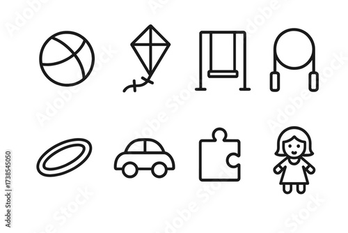 Playtime Icon Set. Outline icon set of playtime: ball, kite, swing, jump rope, frisbee, toy car, puzzle piece, doll. Line icons in only black color, consistent