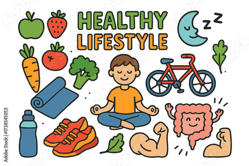 Healthy Lifestyle Doodles. Healthy lifestyle. Colorful Hand-drawn doodle Children illustration healthy lifestyle fruits, vegetables, yoga mat, water bottle,