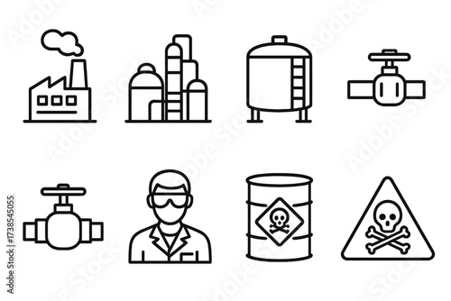 Industrial Chemistry Icons. Outline icon set of industrial chemistry: factory, chemical plant, storage tank, pipeline, safety valve, lab technician, chemical