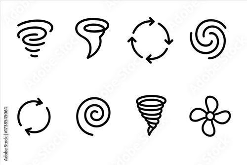 Spin Energy Icons. Outline icon set of spin energy: whirlwind, cyclone, spinning arrows, vortex, rotation symbol, spiral, tornado, fan blades. Line icons in