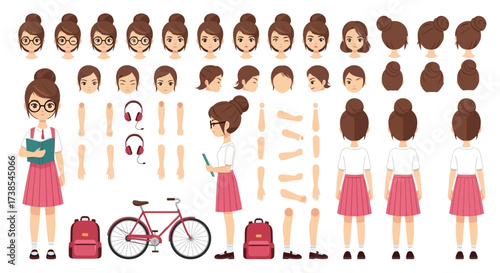 Collection of Cute Female School Character Elements for Animation and Design Projects
