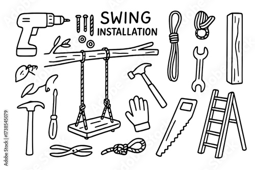Swing Installation Doodle. Swing installation. Hand-drawn doodle illustration swing installation drill, bolts, rope, wooden seat, beam, wrench, ladder, gloves,