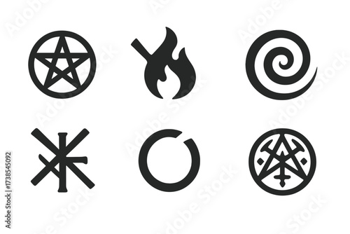 Dark Magic Icons. Solid, filled icon set of dark magic symbols: pentagram, cursed rune, black flame, shadow swirl, forbidden glyph, broken circle, blood mark,