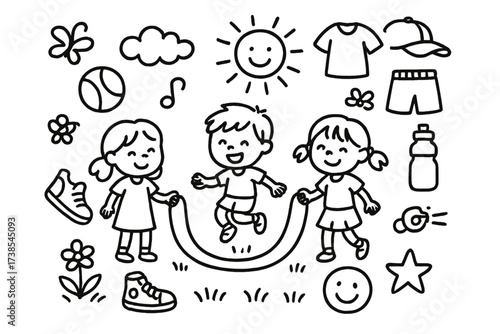 Kids Playing Doodle. Hand-drawn doodle illustration Kids playing jump rope jump rope, ball, sneakers, smiling face, sun, cloud, flower, grass, butterfly,