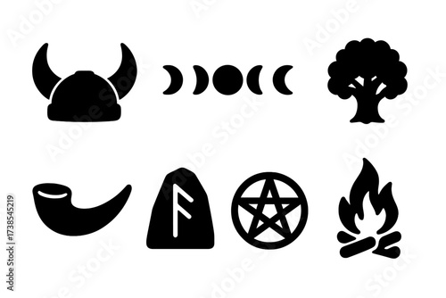 Pagan Ritual Icons. Solid, filled icon set of pagan ritual: horned helmet, moon phases, candle circle, oak tree, animal horn, runic stone, pentacle, fire pit.