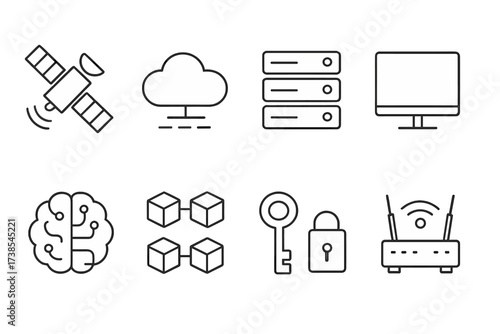 Global Tech Icon Set. Outline icon set of global technology: satellite, data cloud, server rack, computer, AI brain, blockchain, encryption key, wifi router.