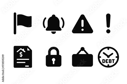 Foreclosure Warning Icons. Solid, filled icon set of foreclosure warnings: red flag, alarm, warning triangle, exclamation mark, overdue bill, lock, closed