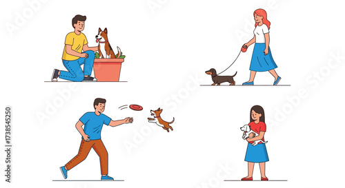 People interacting with dogs enjoying various activities together outdoors on a sunny day