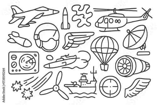 Military Aviation Doodle Icons. Hand-drawn doodle illustration Air force and military aviation tools fighter jet, helicopter, missile, pilot helmet, radar