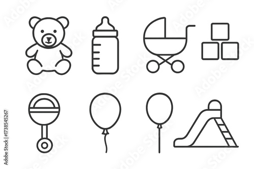 Child Icon Collection. Outline icon set of child: teddy bear, baby bottle, pacifier, stroller, building blocks, rattle, balloon, playground slide. Line icons