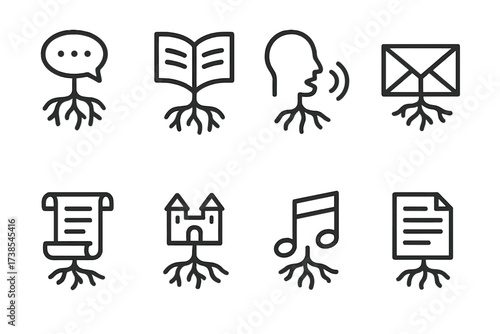 Root Icon Collection. Outline icon set of roots in language and tradition: proverbs, stories, oral history, letters, manuscript, folk tales, songs, poetry.
