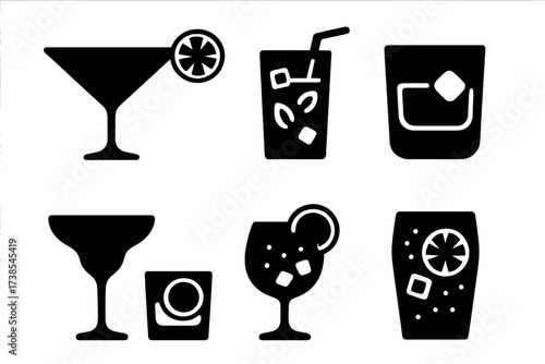 Popular Cocktail Icons. Solid, filled icon set of popular cocktails: martini glass, margarita, mojito, old fashioned, cosmopolitan, daiquiri, whiskey sour, gin