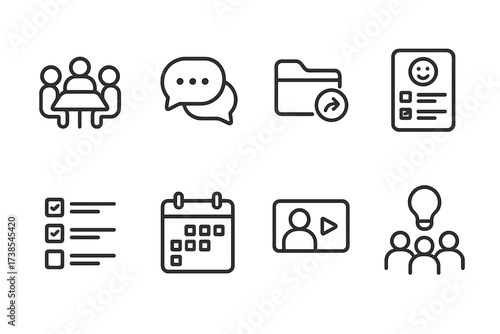 Team Collaboration Icons. Outline icon set of team collaboration: group meeting, chat bubbles, shared folder, feedback form, task list, calendar, video call,