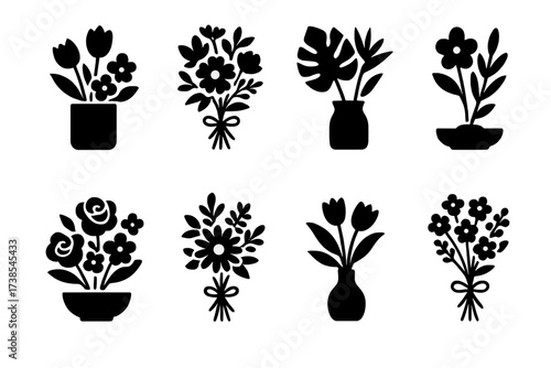 Indoor Floral Icon Set. Solid, filled icon set of indoor floral styles: modern arrangement, rustic bouquet, tropical display, zen floral, romantic centerpiece,