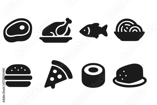 Main Dishes Icon Set. Solid, filled icon set of main dishes: steak, roasted chicken, grilled fish, pasta plate, burger, pizza slice, sushi roll, meatloaf.