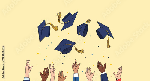 Celebrating Academic Achievements and the Joyful Toss of Graduation Caps in the Air with Confetti Falling