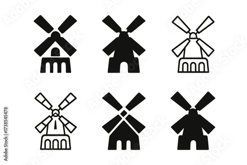 Windmill Logo Variations. Mechanical inventions. Set Logo of Mechanical inventions: Windmill. harmonious logo variations of the same emblematic concept, each