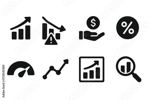 Fund Performance Icons. Solid, filled icon set of fund performance: profit chart, loss warning, dividend payout, yield percentage, risk meter, market trend,