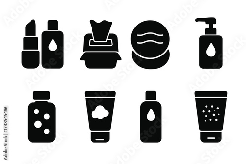 Lipstick Removal Icons. Solid, filled icon set of lipstick removal: makeup remover, cleansing wipe, cotton pad, cleansing oil, micellar water, facial cleanser,