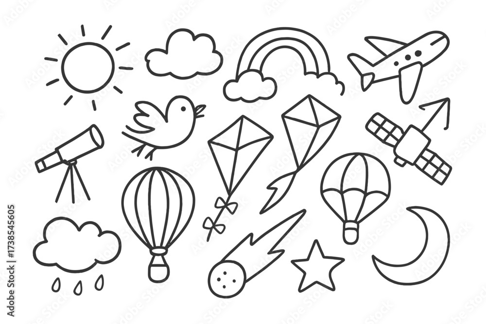 Obraz premium Daytime Sky Doodle Icons. Hand-drawn doodle illustration Daytime sky elements sun, cloud, rainbow, bird, airplane, kite, hot air balloon, telescope, satellite,