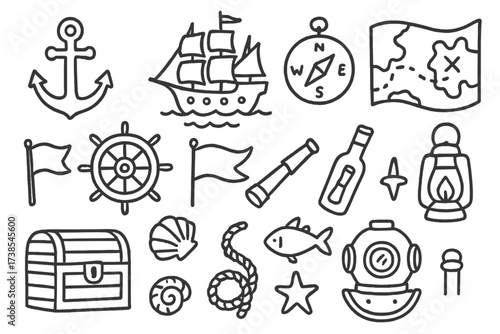 Maritime History Doodles. Hand-drawn doodle illustration Maritime history exhibit anchor, ship, compass, map, wheel, flag, shell, telescope, lantern, chest,