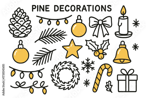 Festive Pine Decorations. Pine Decorations. Hand-drawn doodle illustration pine decorations pine cone (accented), garland, ornament (accented), ribbon, candle,