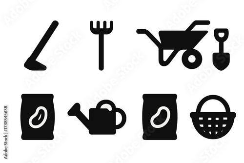 Bean Plant Tool Icons. Solid, filled icon set of bean plant farming tools: hoe, rake, wheelbarrow, spade, seed packet, watering can, fertilizer bag, harvesting
