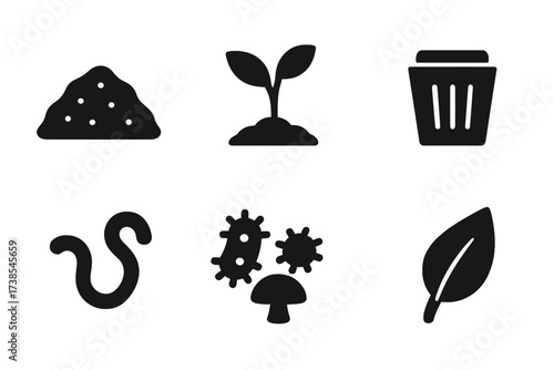 Compost Benefits Icons. Solid, filled icon set of compost benefits: soil enrichment, plant growth, water retention, waste reduction, earthworm, bacteria,