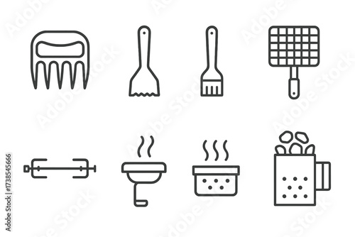 Grilling Tools Icons. Outline icon set of grilling tools: meat claws, grill scraper, basting brush, grill basket, grill light, rotisserie, smoker box, charcoal