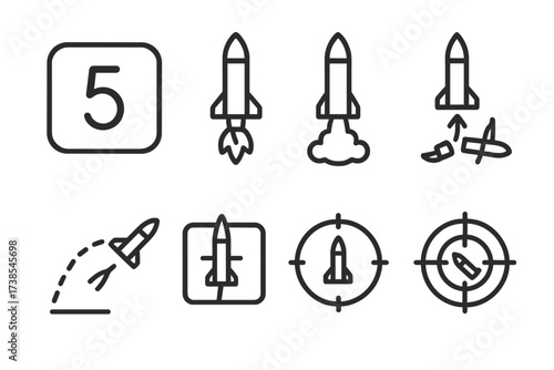 Missile Launch Icons. Outline icon set of missile launch sequence: countdown timer, ignition, plume exhaust, lift-off, separation, trajectory path, tracking,