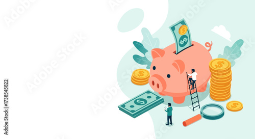 Illustrative Piggy Bank Saving Money Concept with Tiny People and Financial Elements