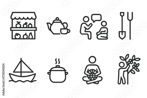 Kenyan Daily Life Icons. Outline icon set of Kenyan daily life: Market stall, Tea serving, Storytelling, Farming tools, Fishing boat, Cooking pot, Basket