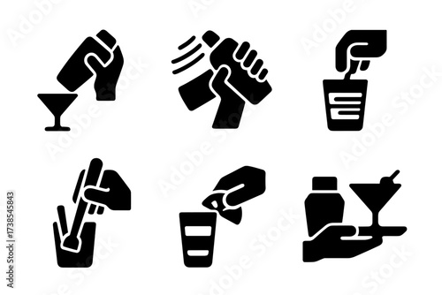 Bartending Skills Icons. Solid, filled icon set of shaker bartending skills: flair pouring, speed shaking, stirring, layering drink, muddling, garnishing,