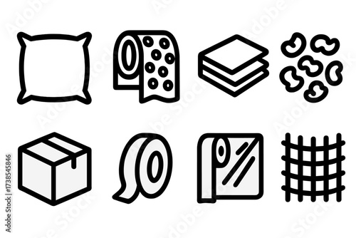 Fragile Packaging Icons. Solid, filled icon set of fragile protection: cushion, bubble wrap roll, foam sheet, packing peanuts, cardboard box, tape roll,