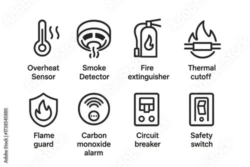 Safety Features Icons. Outline icon set of safety features: overheat sensor, smoke detector, fire extinguisher, thermal cutoff, flame guard, carbon monoxide