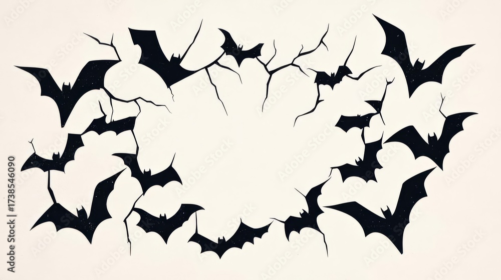 Fototapeta premium A haunting silhouette of bats flying through a cracked wall, perfect for Halloween or spooky themes.