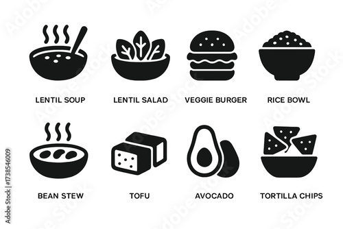 Vegetarian Dishes Icons. Solid, filled icon set of vegetarian dishes: lentil soup, lentil salad, veggie burger, rice bowl, beans stew, tofu, avocado, tortilla