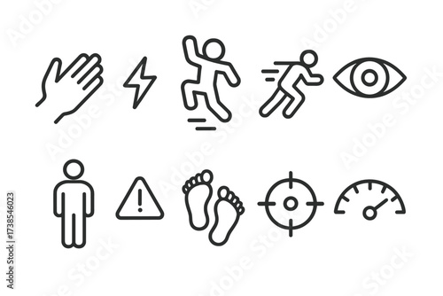 Adrenaline Icon Set. Outline icon set of adrenaline and reflexes: fast reaction, jumping figure, quick dodge, sharp eyes, alert posture, running footsteps,