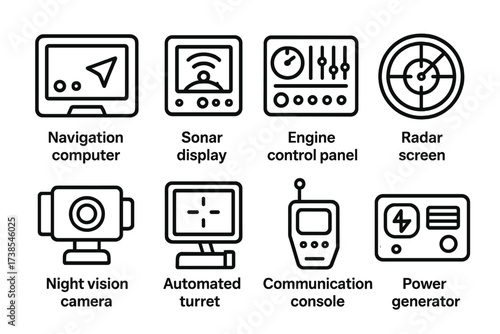 Gunboat Tech Icons. Outline icon set of gunboat onboard technology: navigation computer, sonar display, engine control panel, radar screen, night vision