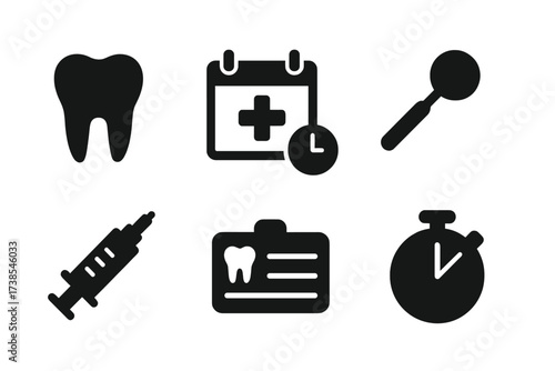 Dental Appointment Icons. Solid, filled icon set of dental appointments: tooth, calendar with cross, clock, dental mirror, syringe, appointment card,